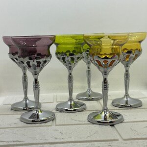 Vintage Farberware Morgantown Cocktail Glasses . Set of 6 . Colorful Glass w Chrome Stems . Green, Purple, Amber
