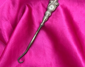 Ornate Antique Sterling Silver Handled Button Hook