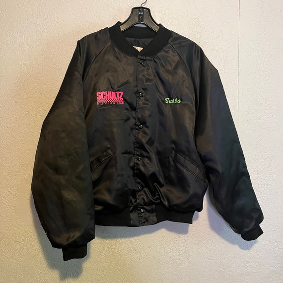 Vintage Black Nylon Satin Jacket w Neon Racing Gr… - image 2