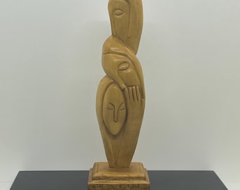 Mid Century Minimalist Carved Wood Totem Sculpture, 3 Heads, Faces . Vintage Hobbyist Wooden Carving