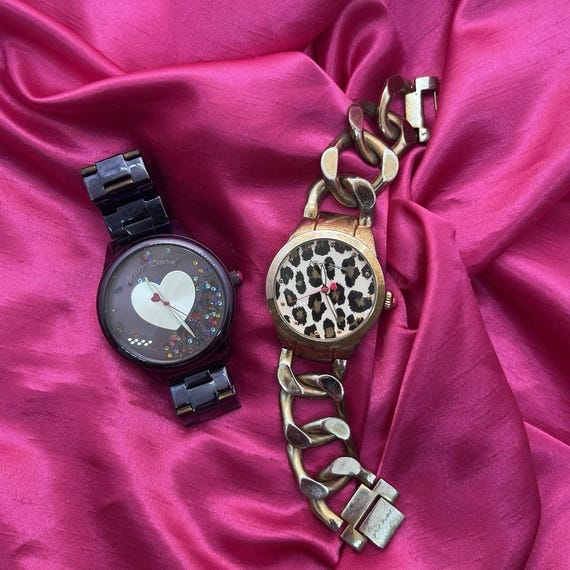 2x Betsey Johnson Chunky Metal Watch Lot ~heart W Jewels + Leopard
