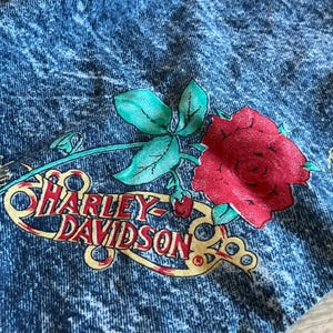 Vintage 1970s/1980s Harley Davidson Bandana ~ Faux Denim w Red Roses