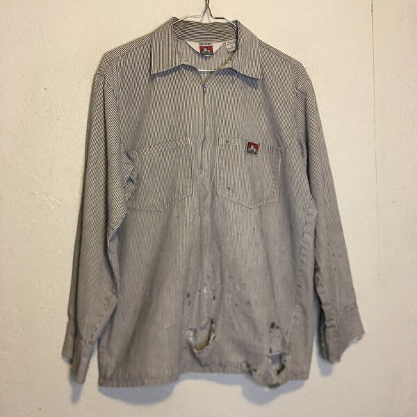 Thrashed Ben Davis Long Sleeve Shirt .M. Vintage Distressed Work Wear Hickory Stripe
