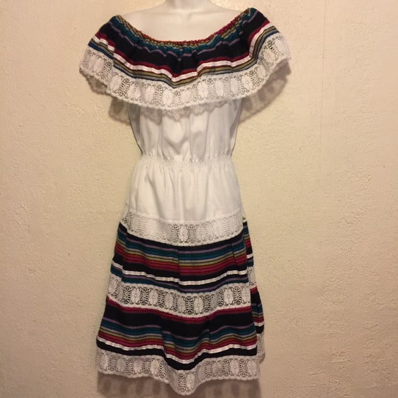 Vintage Mexican Peasant Dress Size 12 White/Lace/B