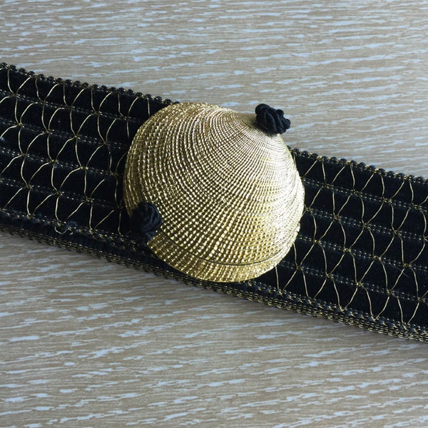 Wide Vintage 1980s Belt with Large Gold Shell Buckle