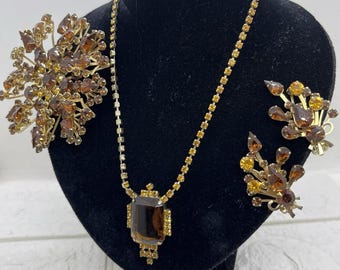 Vintage Root Beer & Amber Rhinestone Mega Brooch, Necklace + Earrings Parure