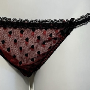 Vintage Glydons Sheer Nylon String Panty Black & Red Lace Dots S/M