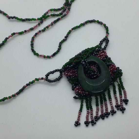 Vintage 1990s Pink & Green Seed Bead Amulet Pouch… - image 2
