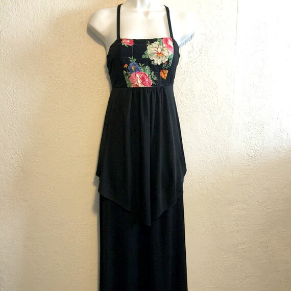 Long Black Vintage 1970s Dress w. Colorful Quilte… - image 3