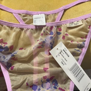 Peut inclure: Sous-vêtements DKNY taille L. Le tissu transparent, brun clair, est orné d'un motif floral rose et violet. Les bords sont bordés d'une couleur violet clair. Une étiquette avec le numéro de style 484008 est attachée.