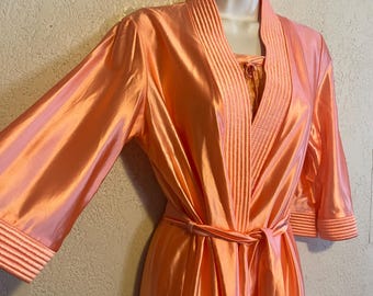 Slinky Peach Vintage Nylon Peignoir ~ Sheer Nightie & Shimmery Robe