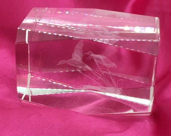 Vintage 3D Laser Etched Crystal Block Paperweight w. Duck Scene