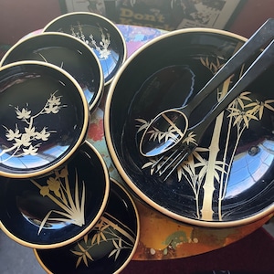 Vintage Black & Gold Lacquerware Salad Serving Set . Made in Japan
