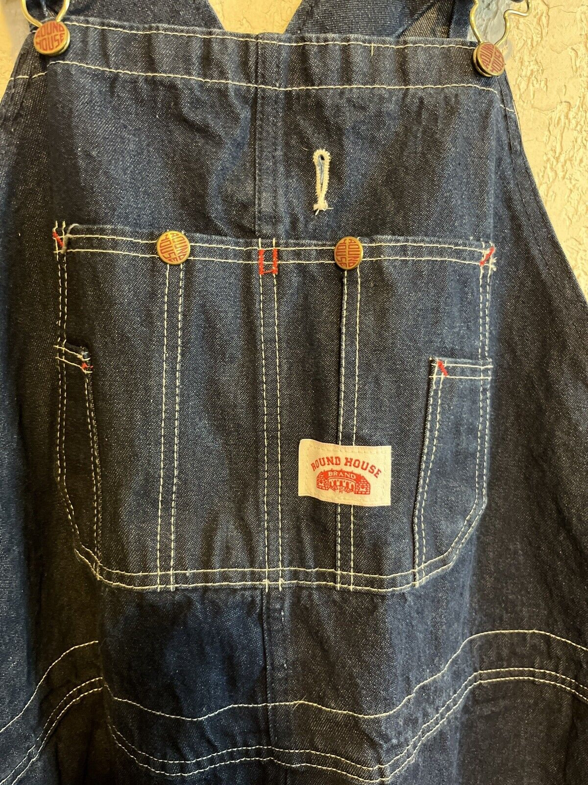 Vintage Round House Bib Overalls Made USA Dark Blue Denim 48 X 29