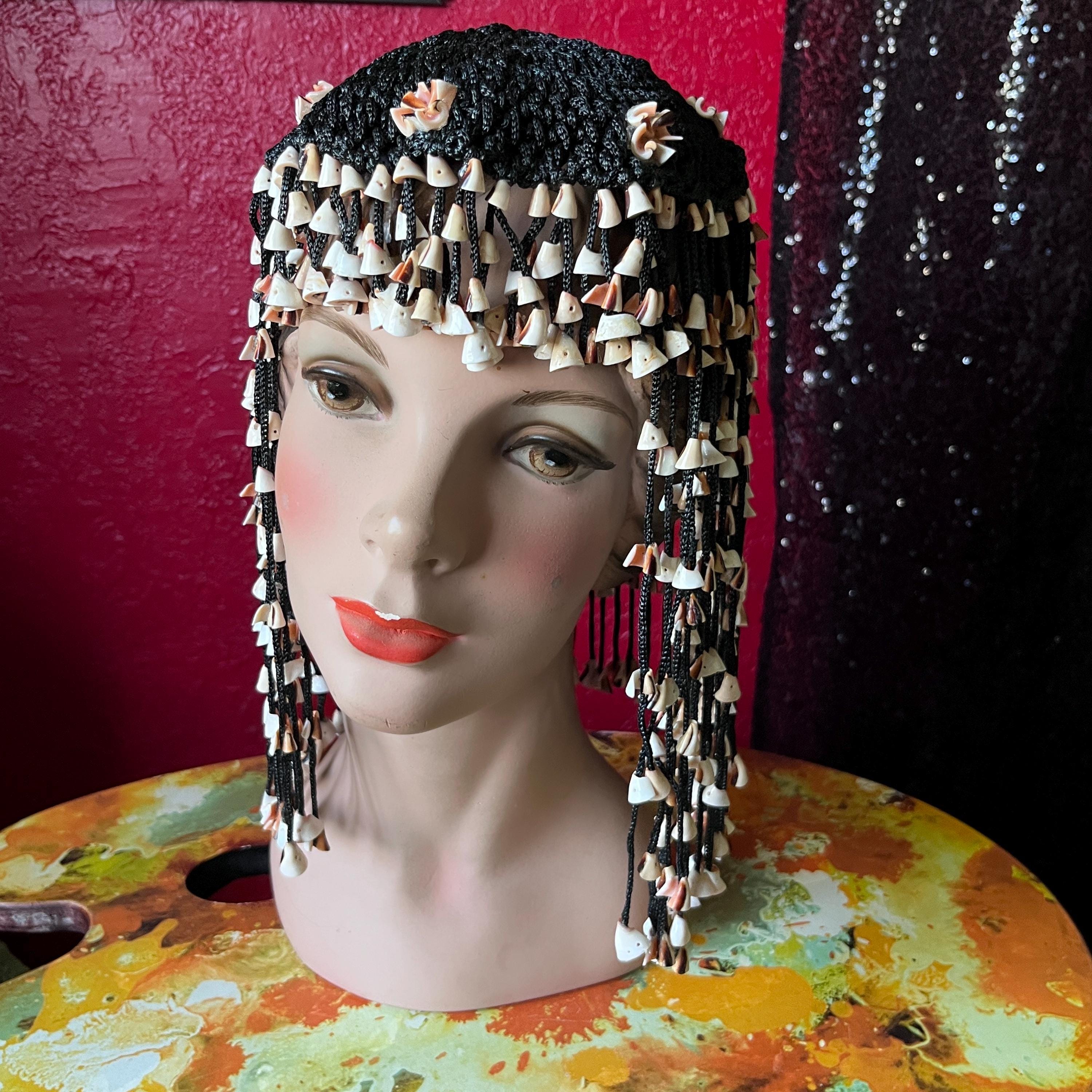 Vintage Cowrie shell headpiece Cap brown Crochet Egyptian Cleopatra African Ancient Egyptian Queen Nefertari Headdress, Cleopatra, Crown  main image 3