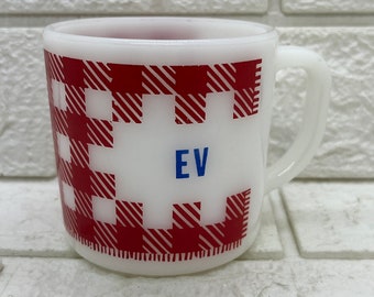 Vintage Fire King Coffee Mug ~ Red Gingham Check with "EV"