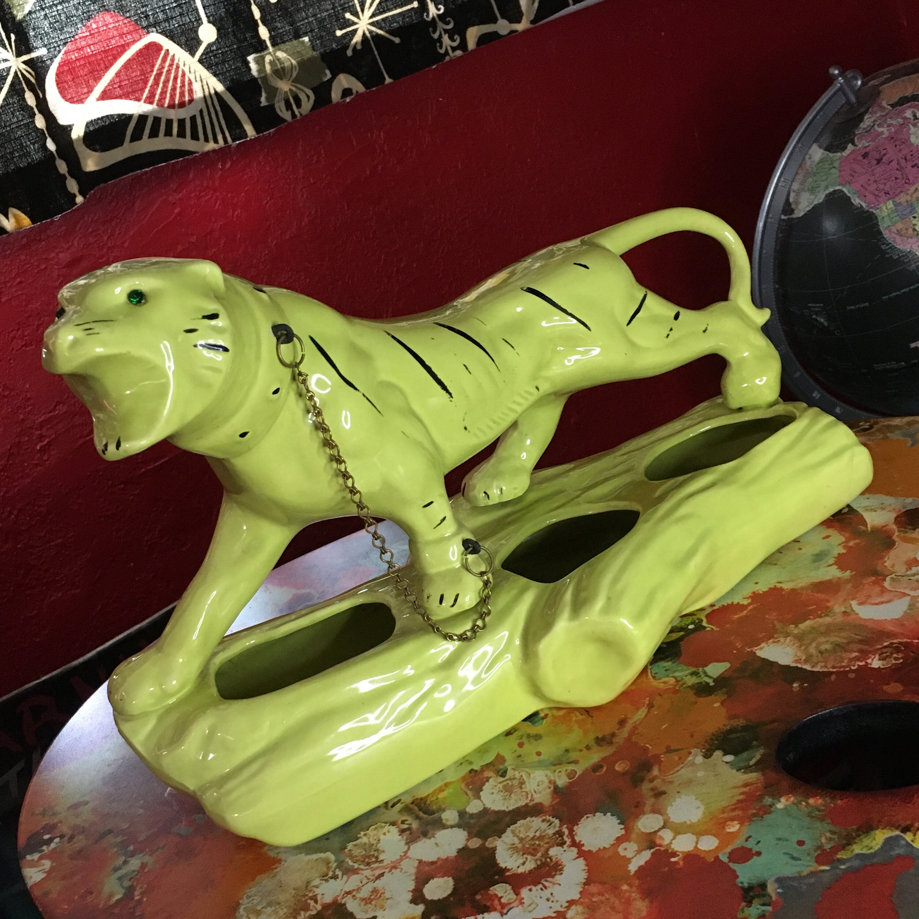 Vintage Mid Century Chartreuse Ceramic Prowling Tiger Planter