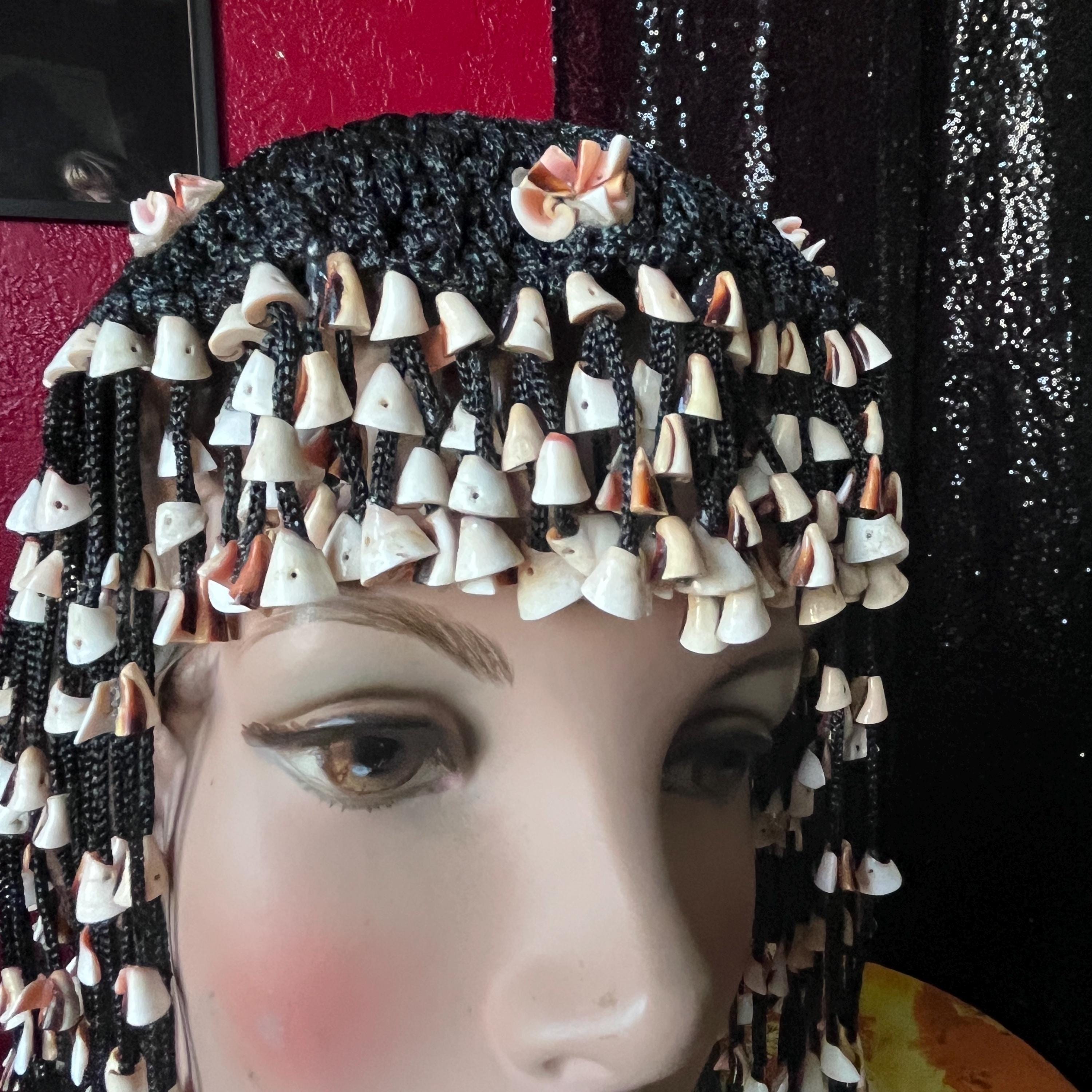 Vintage 1970s Cowrie Shell Black Fringe Cleopatra Headpiece  display picture 1