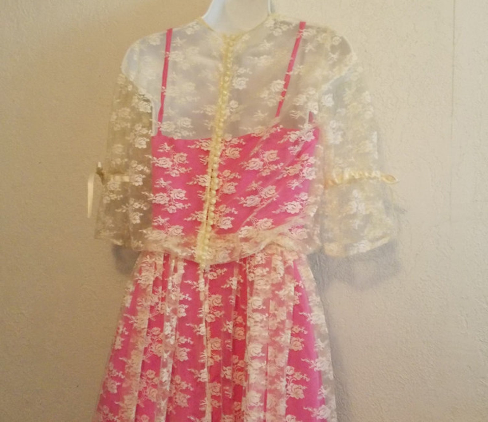 Hot Pink & White Lace Button Back Prom Dress Unique Handmade | Etsy