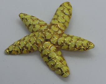 Bright Yellow Enamel & Gold Metal Vintage Starfish Brooch