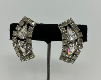 Pendientes de clip vintage brillantes con diamantes de imitación transparentes de mediados de siglo