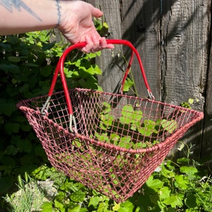 Vintage Anodized Aluminum Shopping Basket . Pink Metal Red Handles