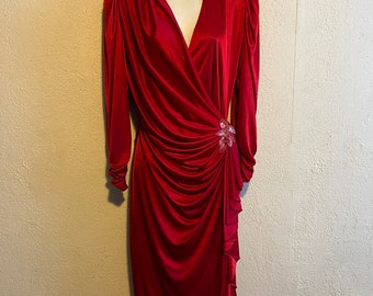 70s does 40s Vintage Draped Red Wrap Cocktail Dress . M/L