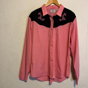 Vintage 1990s Pink & Black Western Shirt Embroidered Pearl Snap Blouse XXL