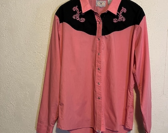 Vintage 1990s Pink & Black Western Shirt Embroidered Pearl Snap Blouse XXL