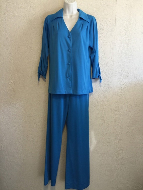 Vintage Miss Shaheen Bright Turquoise Tie Top & P… - image 1