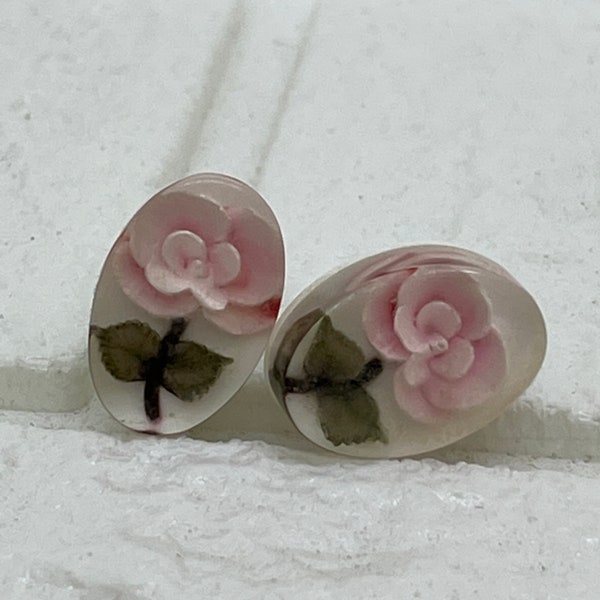 Light Pink Roses Vintage Reverse Carved Lucite Screw back Earrings