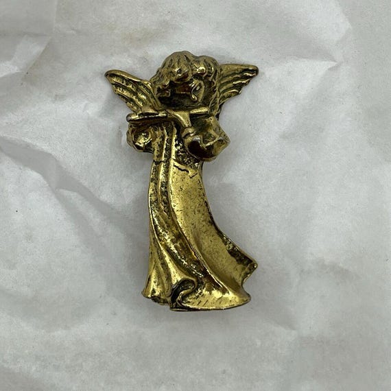 Robert ZENTALL Signed Vintage Goldtone Brooch Pin ANGEL W Flute