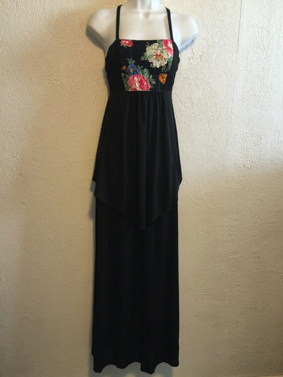 Long Black Vintage 1970s Dress w. Colorful Quilte… - image 4