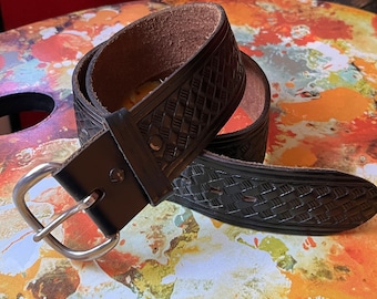 Vintage Tooled Leather Basket Weave Law Enforcement, Police Belt . 32"