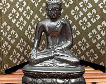 Silvered Solid Metal Shakyamuni Buddha Figurine Statue