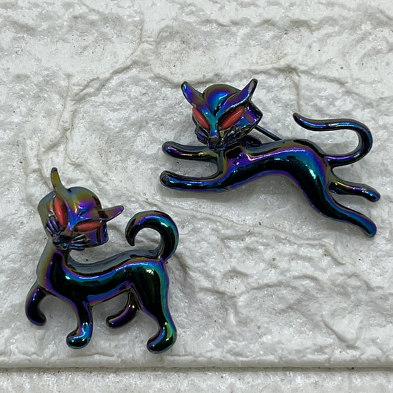 Pair of Vintage Iridescent Siamese Cat Pins, Mid Century Brooches