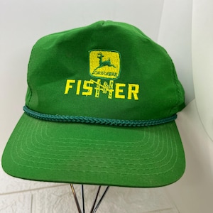 Vintage Foam & Snapback Hat ~ John Deere Fisher ~ Green Canvas Farmer Cap