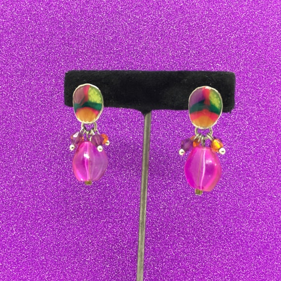 Bright Pink Vintage 1990s Glass Beaded Earrings - image 2