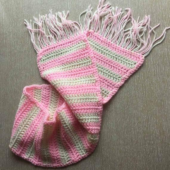 Pink & Cream Crochet Scarf ~ Handmade Vintage