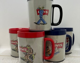 5 Vintage LEVI'S Thermo-Serv Mugs, Cups Cartoon Graphics . Levi Strauss