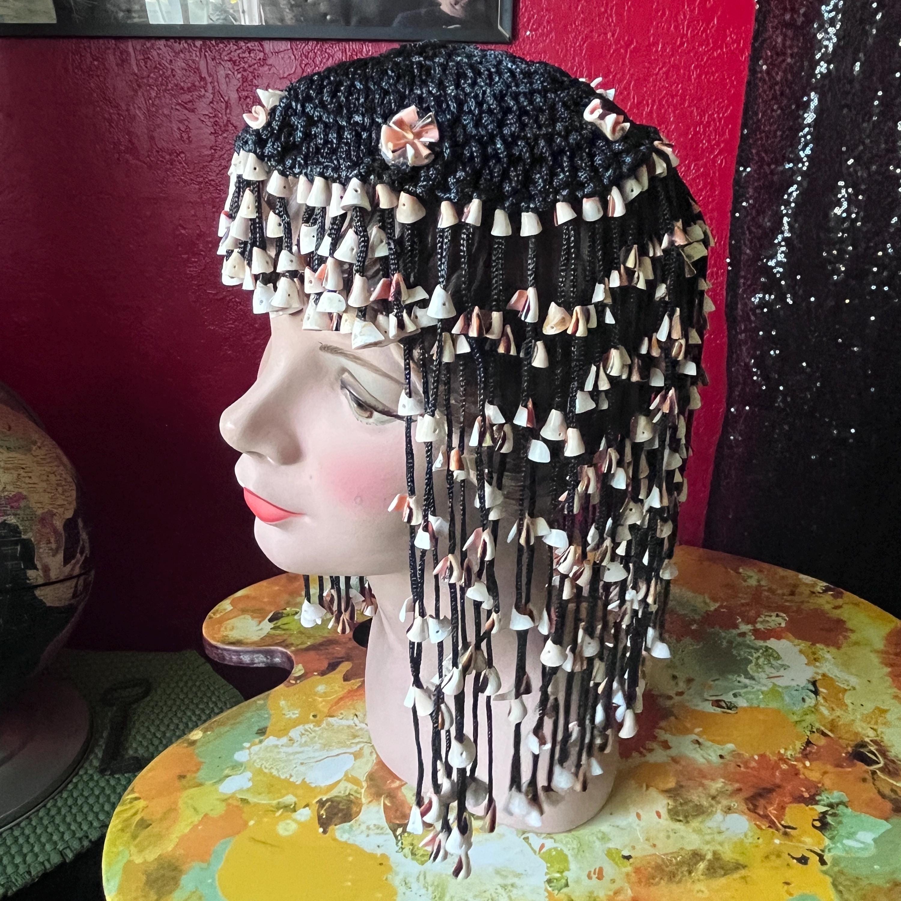 Vintage 1970s Cowrie Shell Black Fringe Cleopatra Headpiece  display picture 2