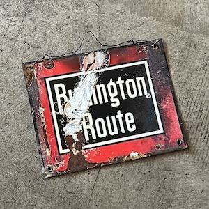 Vintage Burlington Route Distressed Porcelain Sign Train Station Northern Railroad