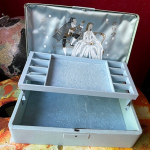 Vintage Mid Century Jewelry Box by Farrington, Courting Couple Lining, Blue Texol