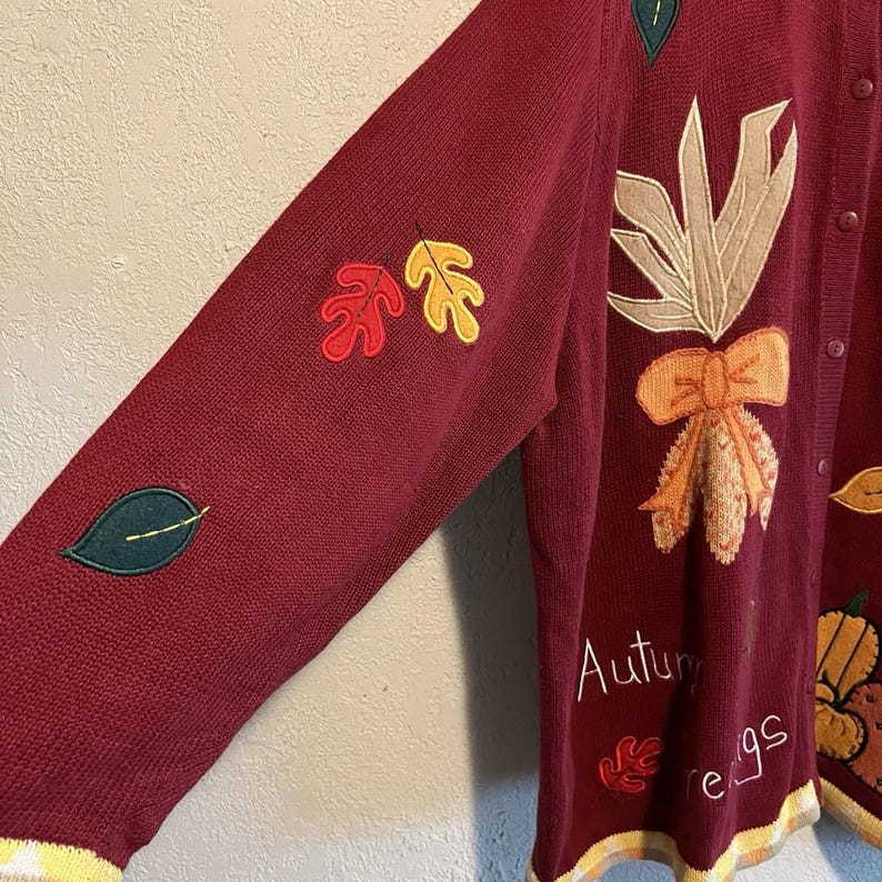 May include: A burgundy cardigan sweater with autumn-themed appliqu&eacute;s. The sweater features embroidered leaves in red, yellow, and green, along with a large bow and the words "Autumn Regs". The bottom and sleeve cuffs have yellow and white stripes.