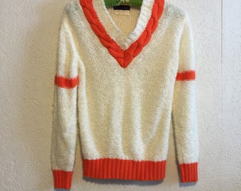 Vintage Oleg Cassini Boucle Sweater ~ Ivory & Bright Orange