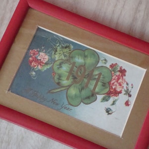Biglietto di auguri per il nuovo anno 1911 ~ Trifoglio fortunato ~ Incorniciato in oro e rosso