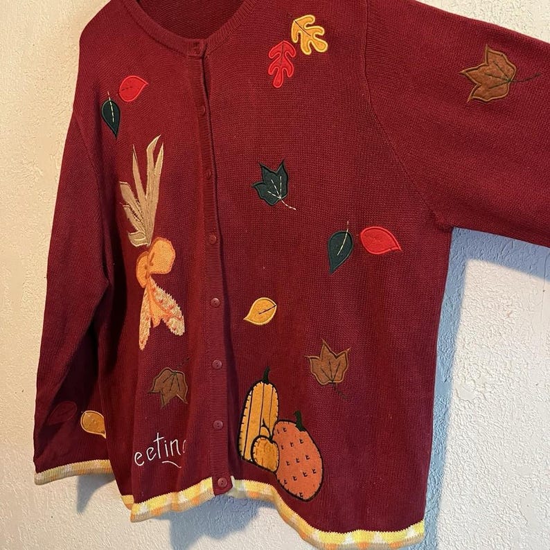 May include: A burgundy cardigan sweater with autumn-themed appliqu&eacute;s. The sweater features embroidered leaves, pumpkins, and the word "eeting" near the bottom. The cuffs and hem have a yellow and white striped trim.