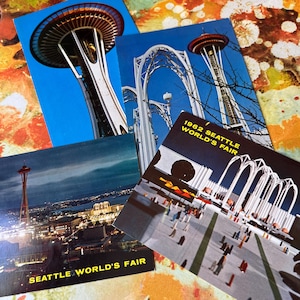 4x Lote de cartões postais vintage não utilizados da Feira Mundial de Seattle de 1962. Space Needle