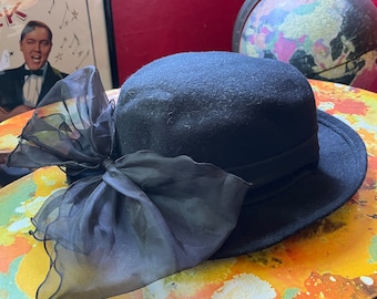 Vintage Black Wool Hat W Big Sheer Black Bow by Arlin - Etsy