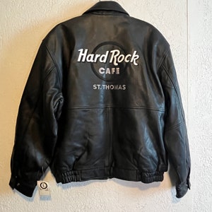 Hard Rock Cafe St. Thomas Vintage Black Leather Bomber Jacket, L 